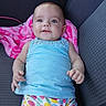 baby, big_eyes, blue_tank_top, car_interior, car_seat, child, colorful_clothing, cute, hands, happy, infant, pink_blanket, polka_dot_pants, portrait, relaxed, seat_fabric, skin, sleeveless, smile, upclose