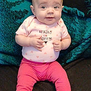 Dakota joined the competition — help win amazing prizes! baby, infant, child, onesie, pink_leggings, smiling, sitting, blanket, couch, teal_blanket, face, big_eyes, hands, feet, toes, clothing, portrait, adorable, parenting, indoor
