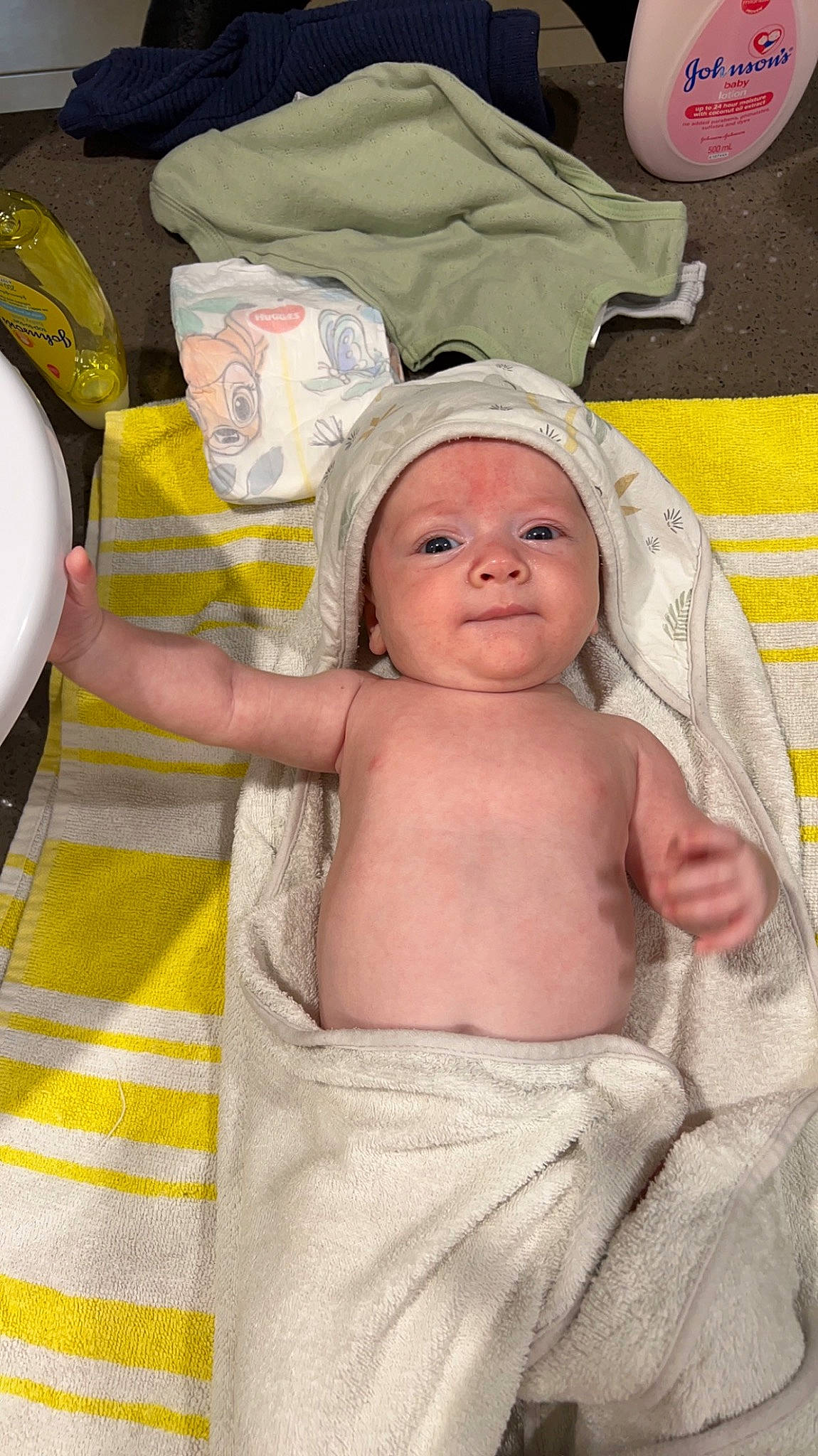 Bear joined the competition — help win amazing prizes! abdomen, baby, baby_products, barechested, bathing, bedtime, cheek, chest, child, comfort, diaper, event, fun, hat, headwear, linens, person, room, textile, thumb