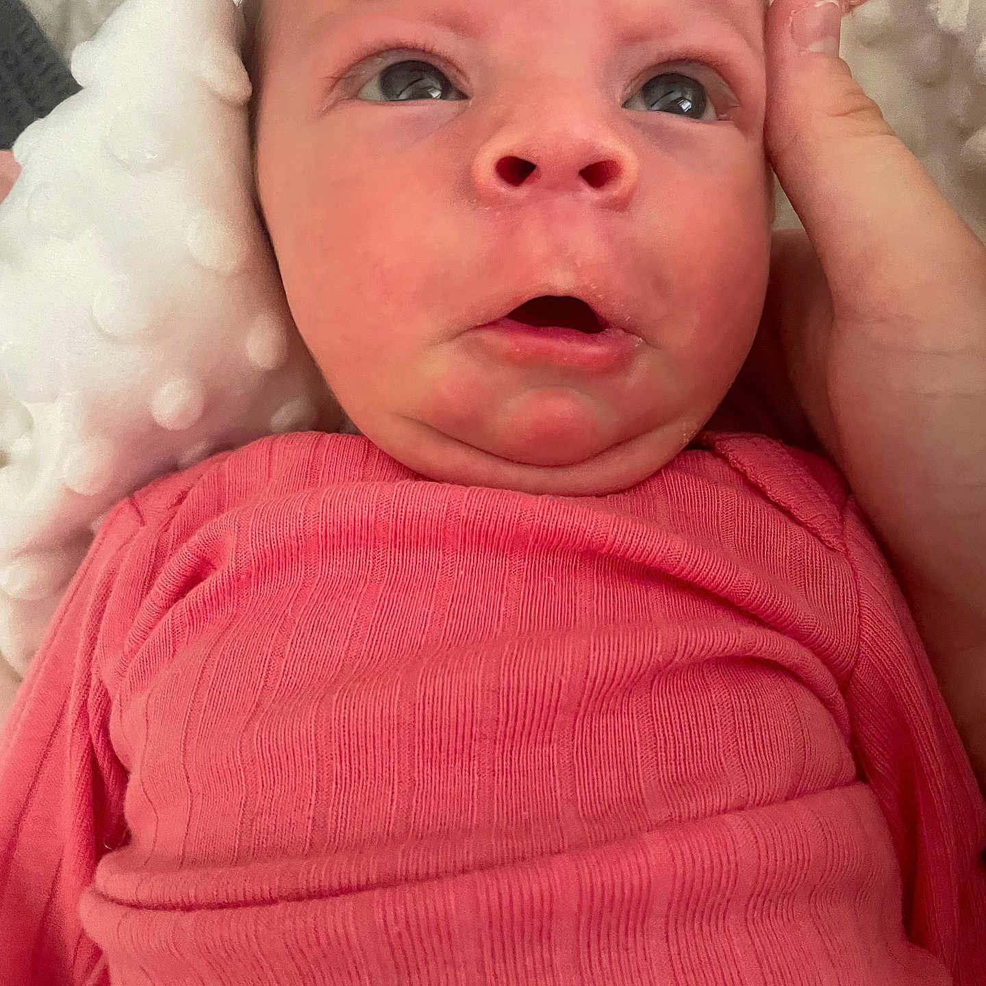 Aria Grace is registered to the contest to win money with this photo: apparel, baby, blanket, child, closeup, cute, expression, face, hand, head, indoors, infant, newborn, person, pink_clothing, portrait, skin, support, wide_eyes, young