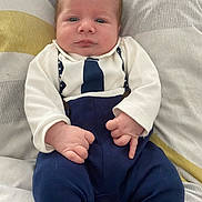 Harry is registered to the contest to win money with this photo: baby, infant, child, person, clothing, onesie, blanket, bed, hands, fists, face, blue_eyes, cute, small, lying_down, soft, comfort, indoors, newborn, portrait
