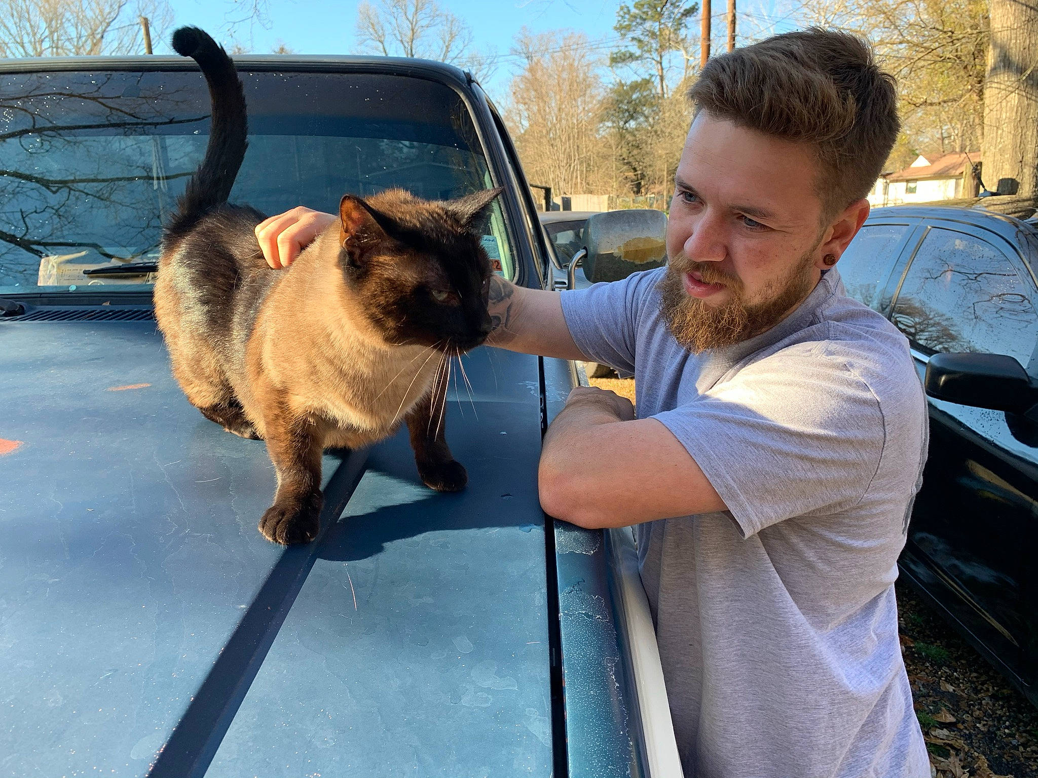Jax joined the competition — help win amazing prizes! automotive_exterior, automotive_lighting, automotive_window_part, beard, car, carnivore, cat, dog_breed, fawn, felidae, hood, personal_luxury_car, sky, small_to_medium_sized_cats, smile, snout, sporting_group, tree, vehicle, vehicle_door