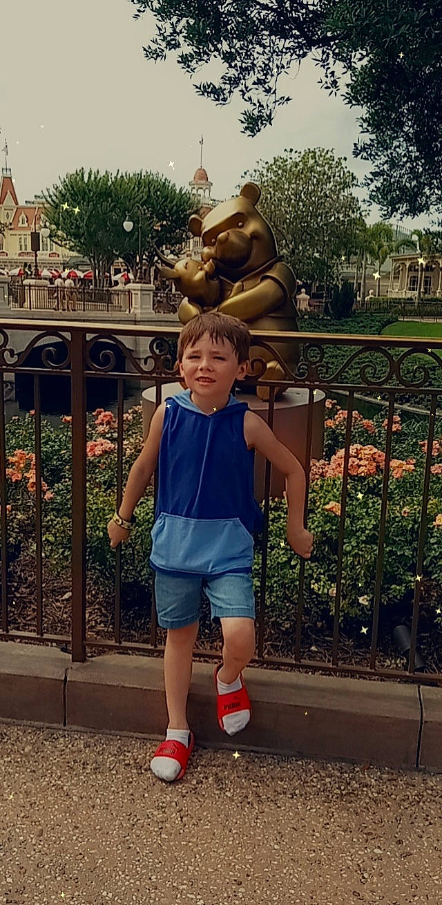 Drake is registered to the contest to win money with this photo: botany, child, fence, fun, grass, happy, joy, leg, leisure, mammal, people, person, plant, recreation, shorts, standing, summer, t_shirt, toddler, travel