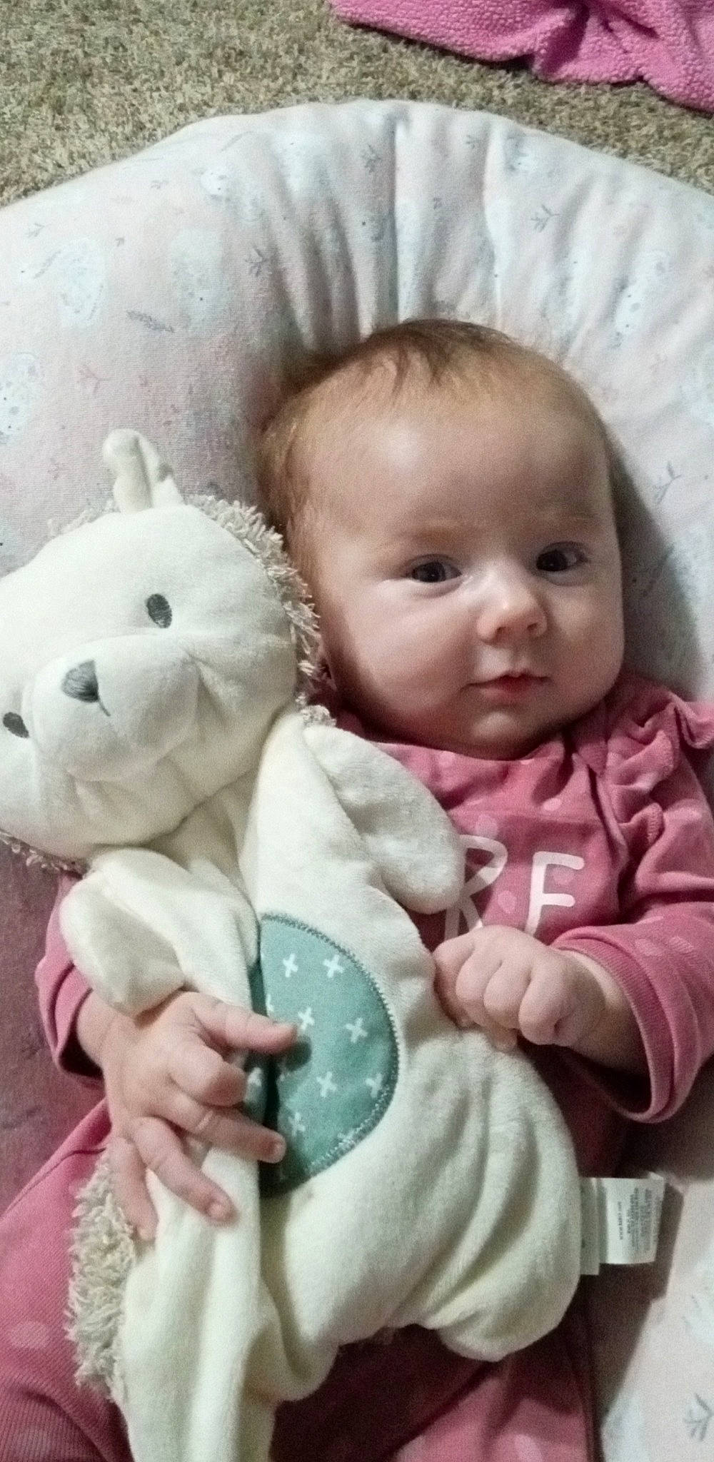 Dani joined the competition — help win amazing prizes! baby, baby_sleeping, baby_toddler_clothing, cheek, child, comfort, eye, facial_expression, gesture, hand, happy, mouth, nose, person, pink, skin, teddy_bear, textile, toddler, toy
