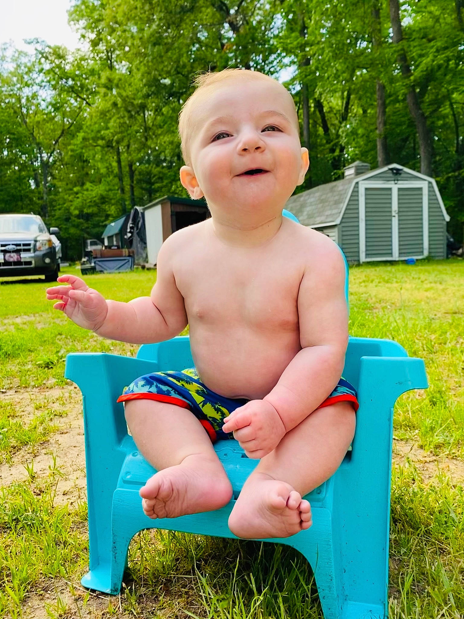 Jamison joined the competition — help win amazing prizes! baby, baby_toddler_clothing, face, fun, grass, happy, head, lawn, leisure, meadow, people_in_nature, person, plant, recreation, smile, summer, thigh, toddler, tree, van