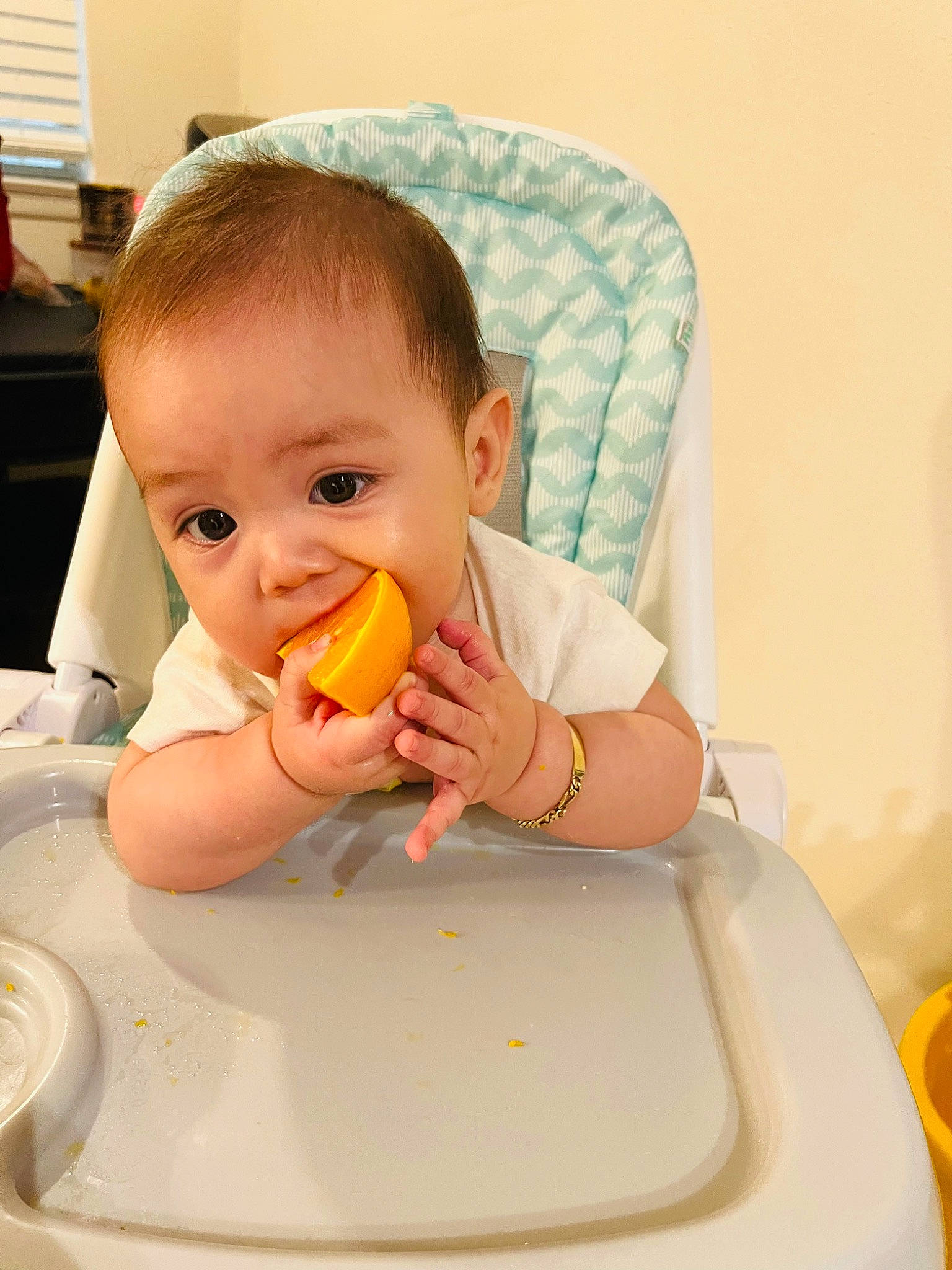 Alan joined the competition — help win amazing prizes! baby, baby_products, baby_toddler_clothing, chair, cheek, child, chin, dishware, finger, fun, happy, mouth, orange, person, plate, play, sitting, skin, table, tableware