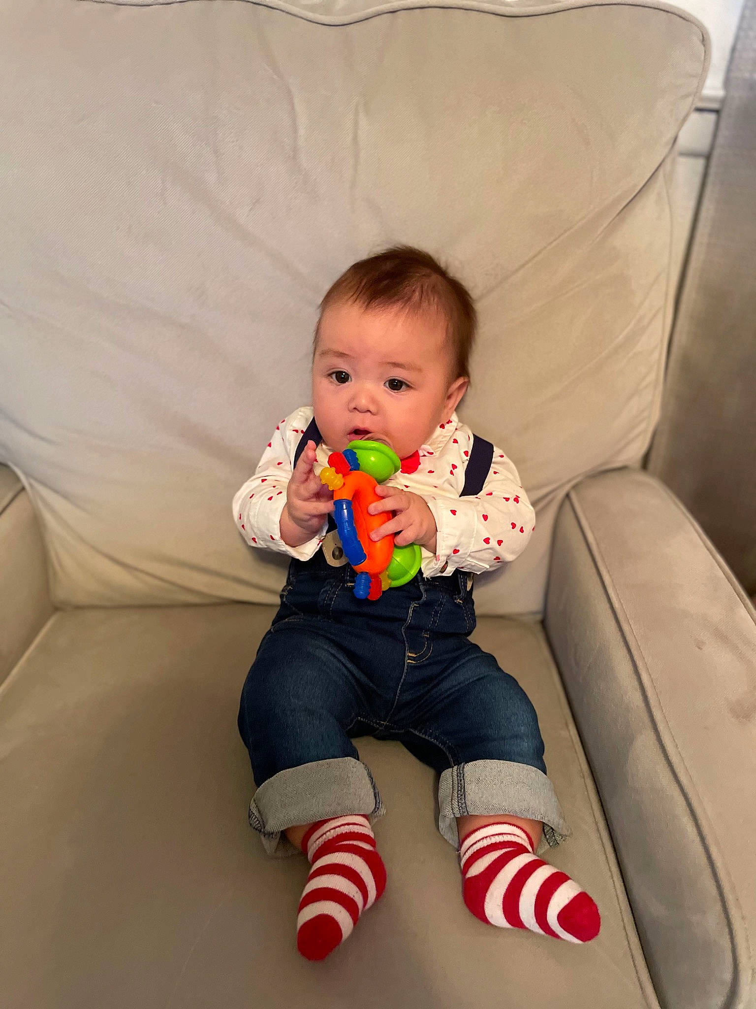 Alan joined the competition — help win amazing prizes! arm, baby, baby_playing_with_toys, baby_toddler_clothing, cheek, child, comfort, couch, eye, finger, fun, happy, human_body, knee, lap, leg, person, sitting, sleeve, sock