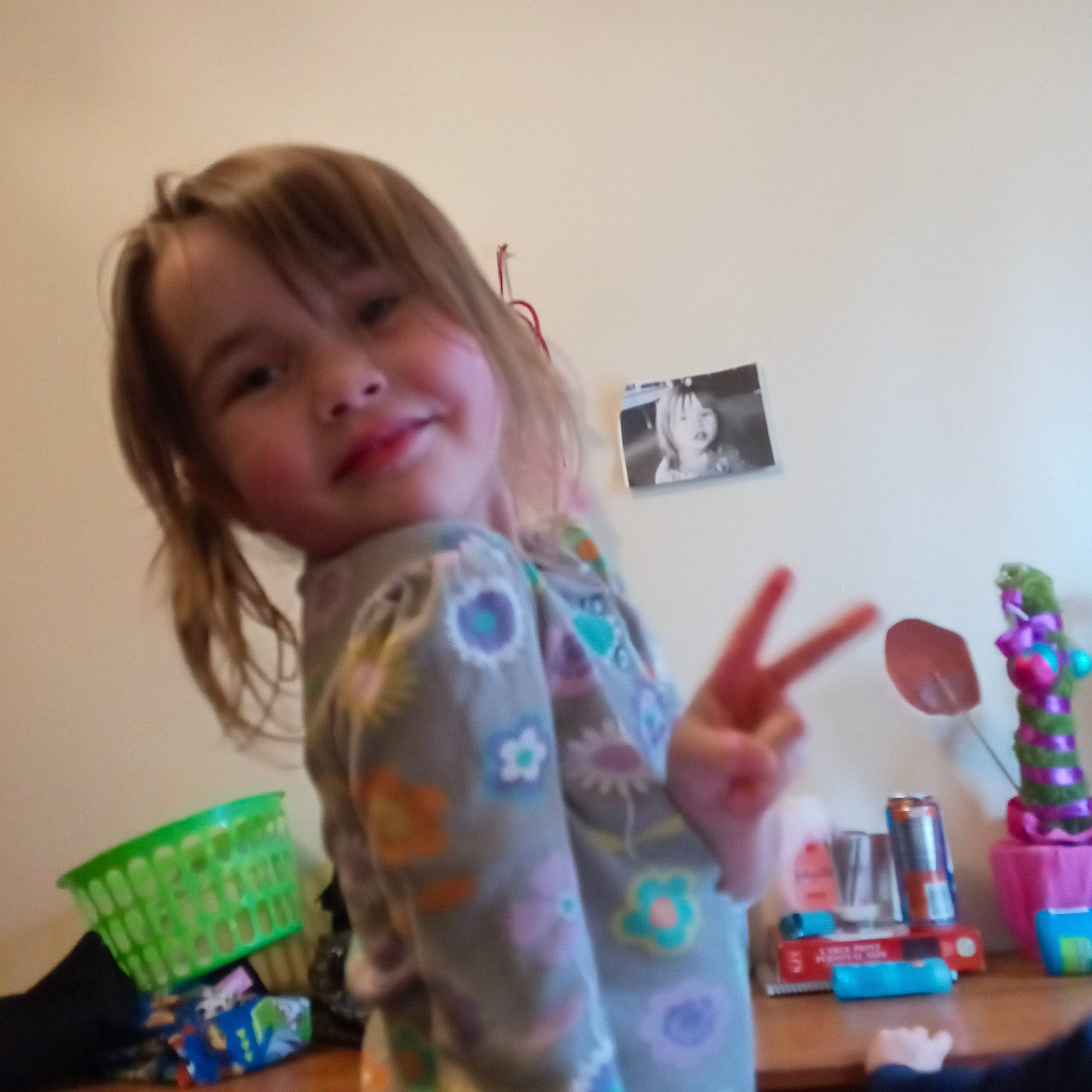 Harmony joined the competition — help win amazing prizes! arm, bangs, child, child_art, finger, fun, gesture, happy, joy, nail, party, pattern, person, play, room, sitting, smile, t_shirt, thumb, toddler