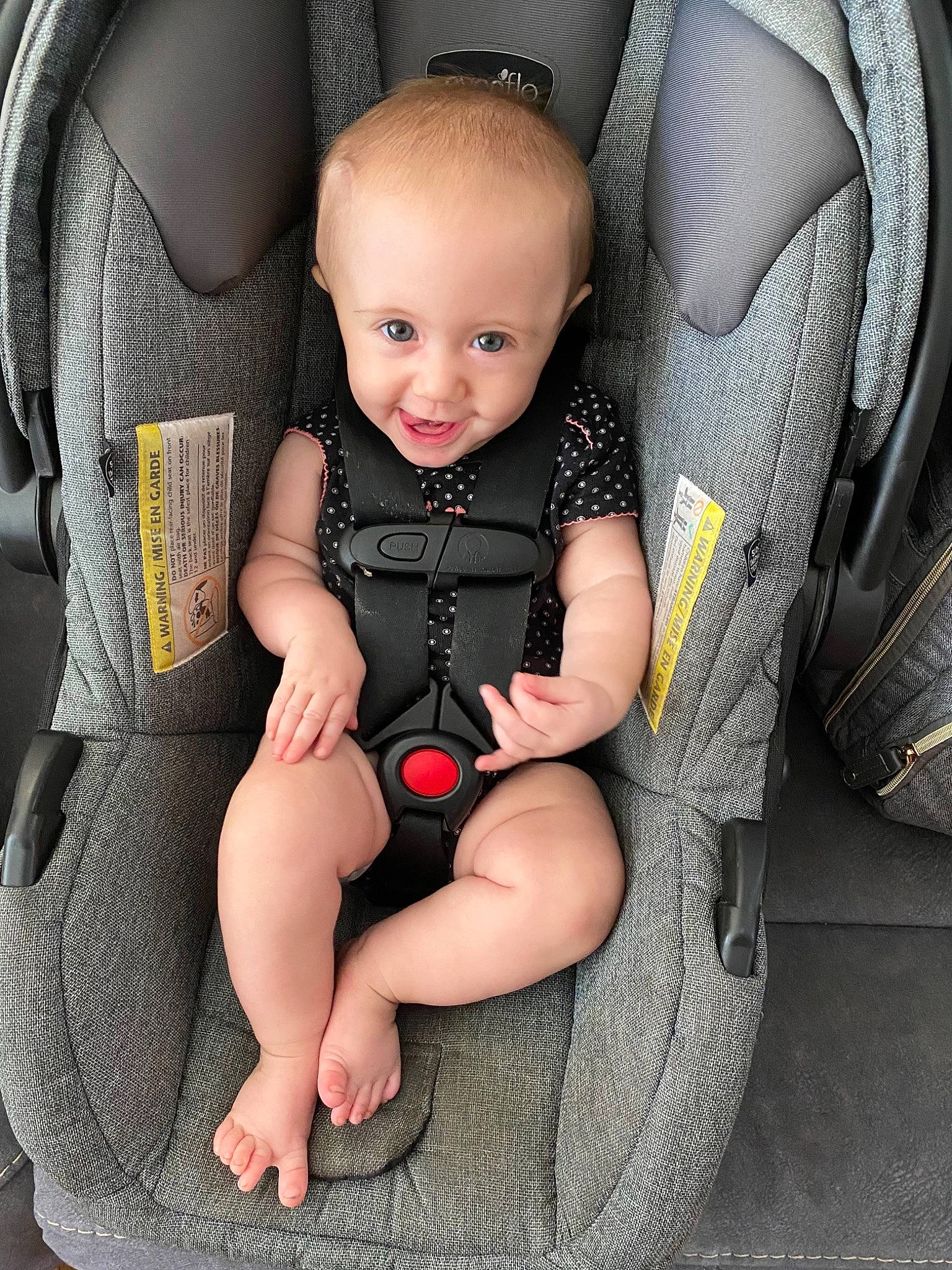 Baylee is registered to the contest to win money with this photo: auto_part, automotive_wheel_system, baby, baby_products, baby_toddler_clothing, car_seat, car_seat_cover, chair, comfort, flash_photography, happy, human_leg, knee, lap, leg, nail, person, personal_protective_equipment, seat_belt, thigh