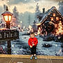 child, red_sweater, shoes, standing, indoor, holiday_backdrop, winter_scene, lamppost, north_pole_sign, christmas_lights, decorated_house, snow, festive, holiday, background, blurred_lights, floor, portrait, cute, smiling