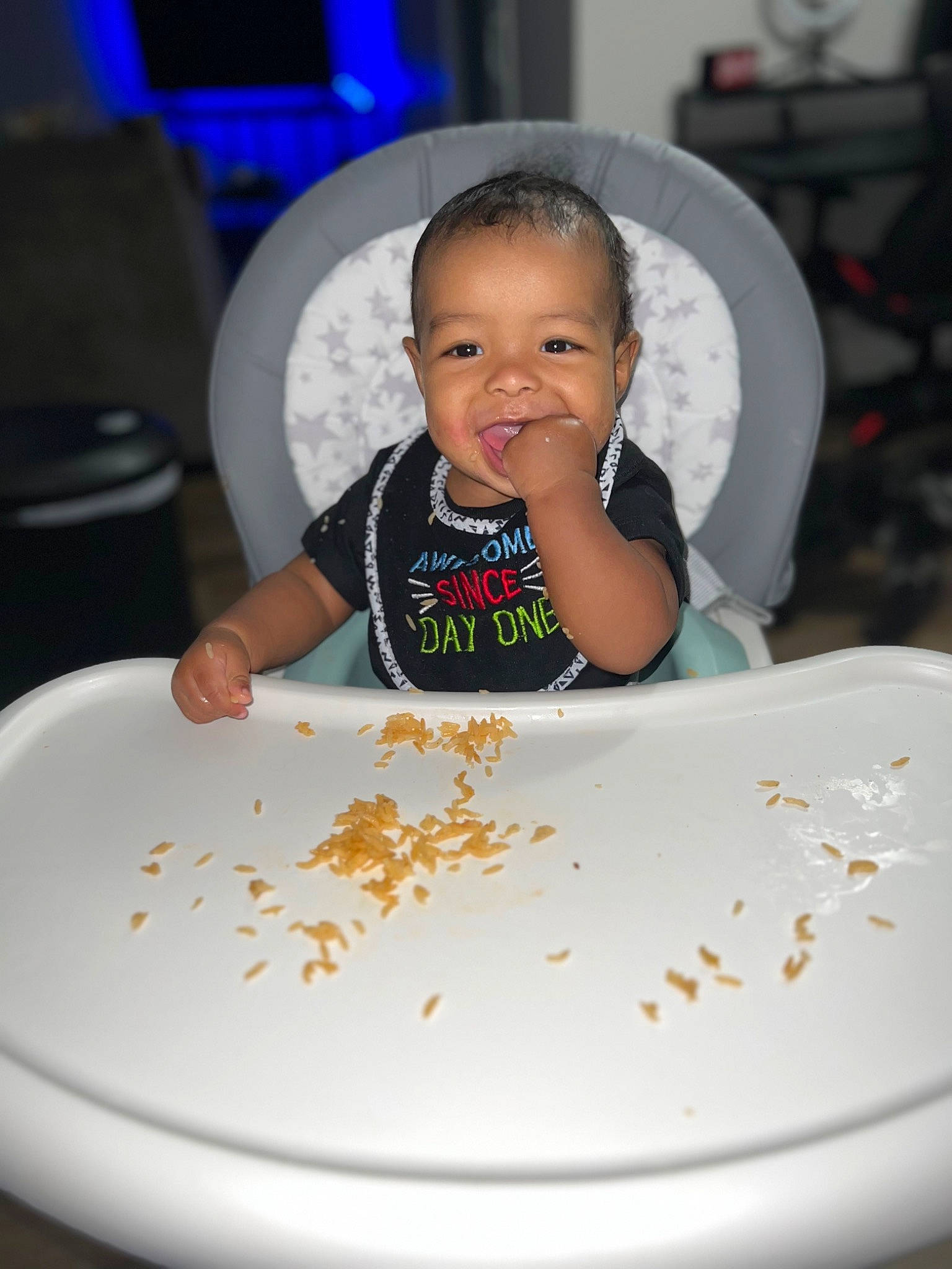 Cason is registered to the contest to win money with this photo: baby, baby_toddler_clothing, blue, cheek, child, chin, cuisine, dish, dishware, event, food, happy, ingredient, joy, person, plate, sleeve, smile, sweetness, t_shirt