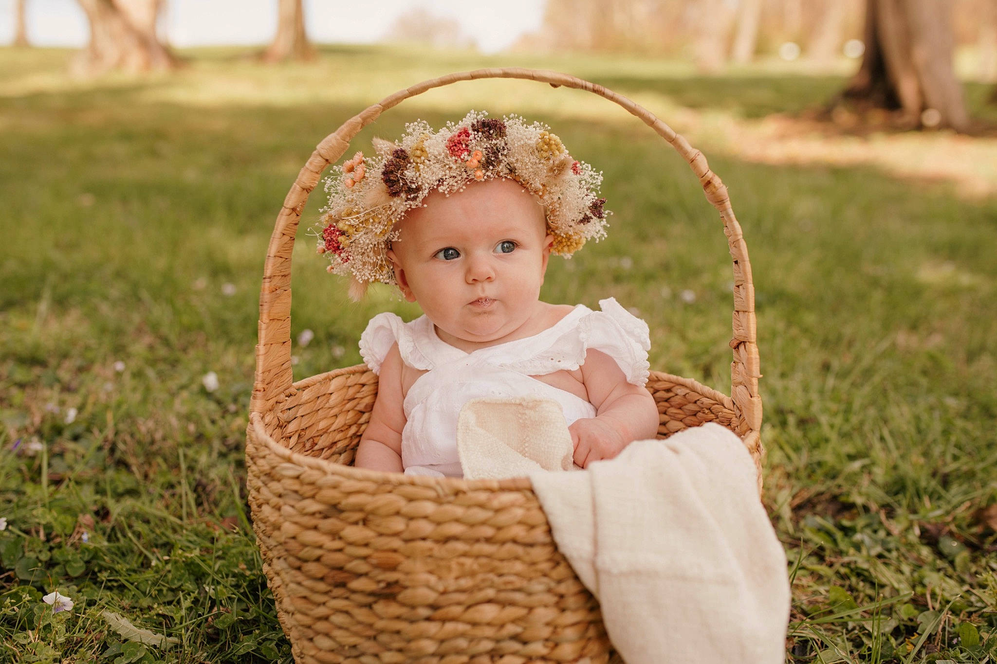 Reyna is registered to the contest to win money with this photo: baby, basket, dress, event, eye, fashion_accessory, flash_photography, grass, grass_family, hair_accessory, happy, head, headband, headpiece, headwear, lawn, people_in_nature, person, picnic_basket, plant