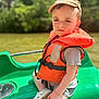Mattia participe au concours pour gagner de l'argent avec cette photo : toddler, child, life_jacket, boat, green, water, nature, outdoor, summer, cap, serious, sunlight, shorts, shoe, person, river, sitting, daytime, recreation, adventure