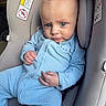 Grey joined the competition — help win amazing prizes! baby, child, infant, car_seat, blue_outfit, sitting, portrait, face, eyes, looking_at_camera, indoors, vehicle, transportation, safe, head, hands, clothing, photograph, smartphone_screenshot, cute