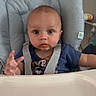 baby, child, infant, high_chair, feeding, sweet_potato, food, orange_smudge, sitting, portrait, indoor, home, blue_shirt, harness, tray, patterned_chair, wide_eyes, facial_expression, first_food, family_moment