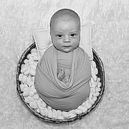 Antony is registered to the contest to win money with this photo: baby, infant, basket, blanket, swaddle, pillow, face, portrait, newborn, soft_texture, black_and_white, cute, cozy, wrapped, lying_down, small_feet, looking_at_camera, studio_shot, child, peaceful