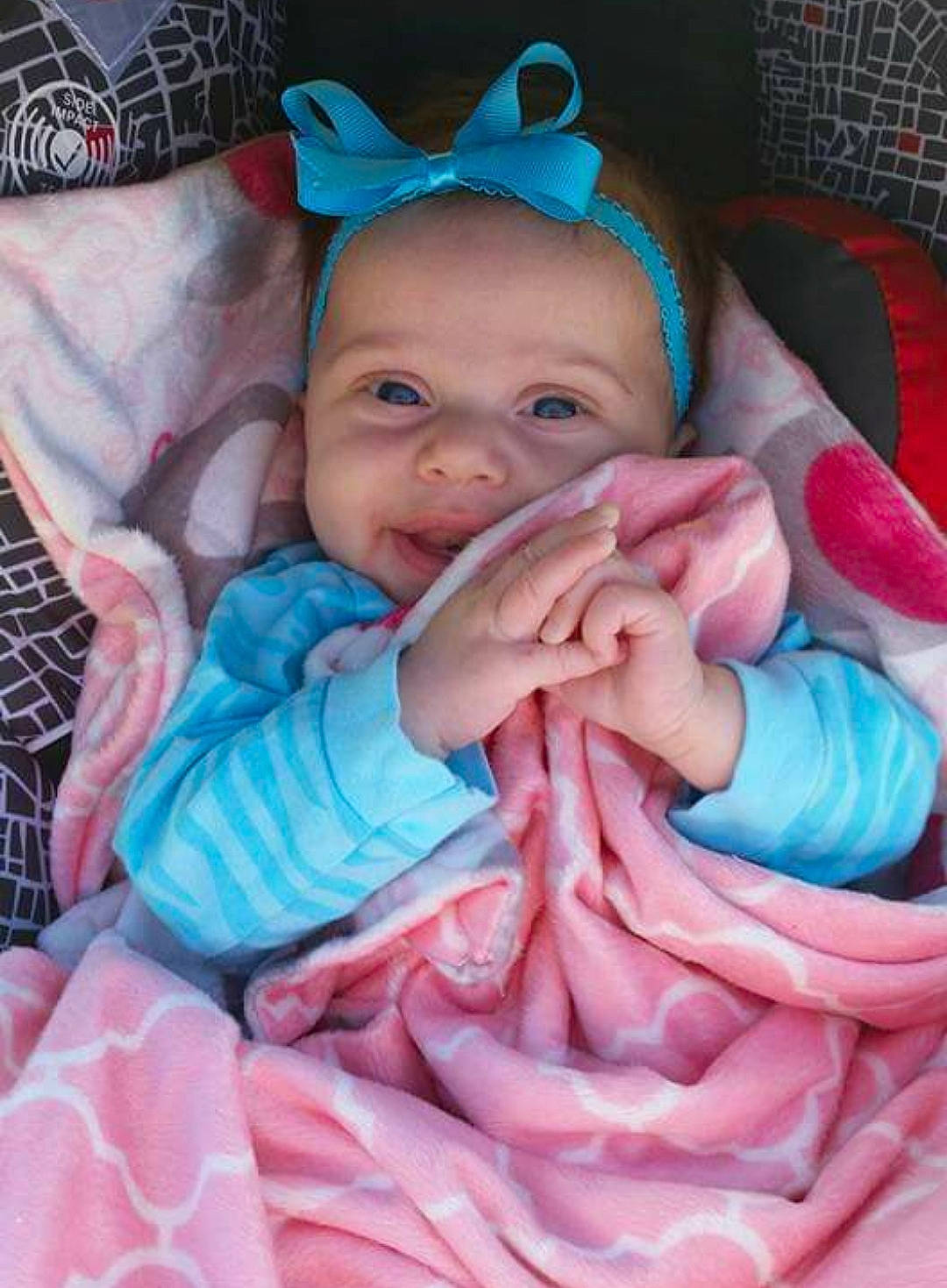 Alexandria joined the competition — help win amazing prizes! azure, baby, baby_toddler_clothing, blue, cheek, comfort, finger, gesture, happy, iris, lip, mouth, organ, person, pink, product, purple, skin, smile, textile