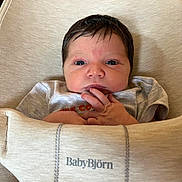 Alfie joined the competition — help win amazing prizes! baby, newborn, infant, face, hands, babybjorn, carrier, clothing, seated, curious, portrait, indoor, soft, fabric, cute, child, person, closeup, skin, young