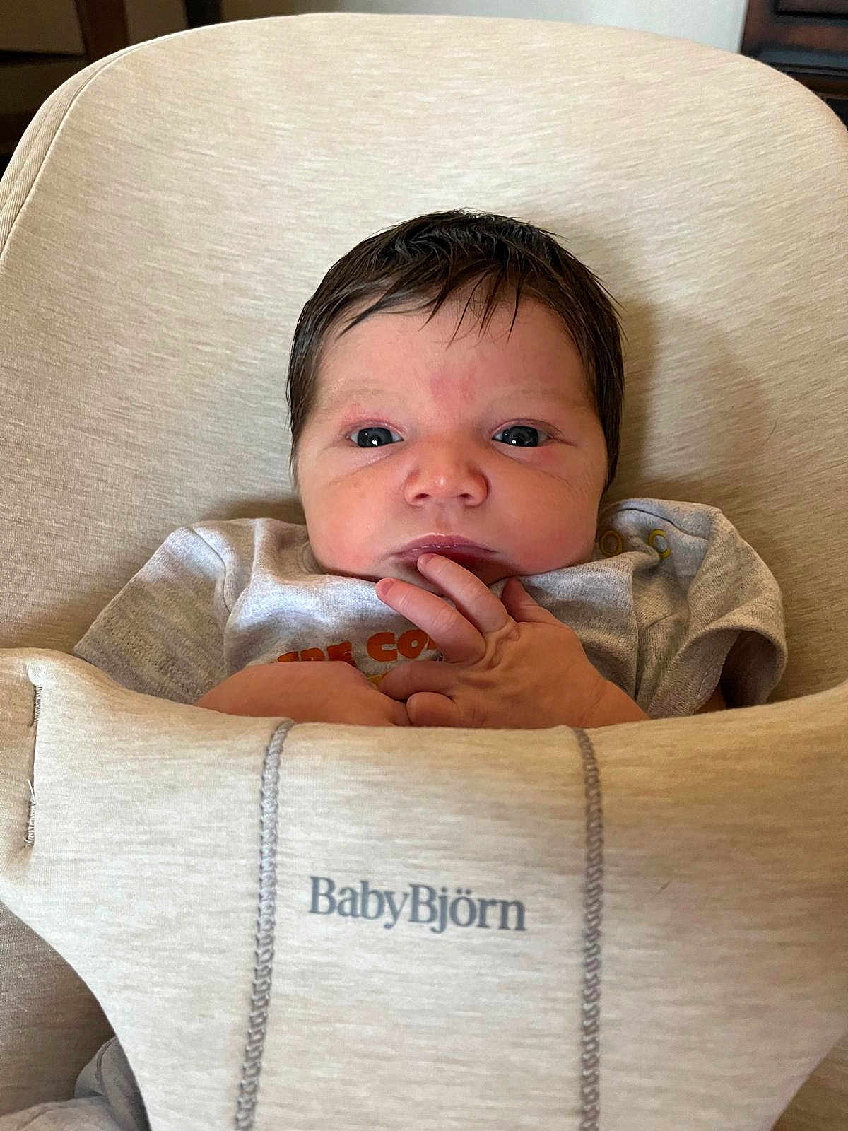 Alfie joined the competition — help win amazing prizes! baby, newborn, infant, face, hands, babybjorn, carrier, clothing, seated, curious, portrait, indoor, soft, fabric, cute, child, person, closeup, skin, young