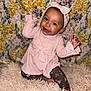 Evelyn joined the competition — help win amazing prizes! baby, bow, child, cute, floral_background, floral_leggings, happy, headband, indoors, infant, patterned_background, pink_dress, playful, portrait, sitting, smiling, soft_rug, warm_lighting, waving, young_child