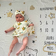 Hannah participe au concours pour gagner de l'argent avec cette photo : baby, infant, dress, headband, milestone_blanket, stars, hearts, wooden_star, wooden_cloud, numbers, text, face, legs, arms, sleeping_bear_illustration, fabric, person, cute, lying_down, age_marker