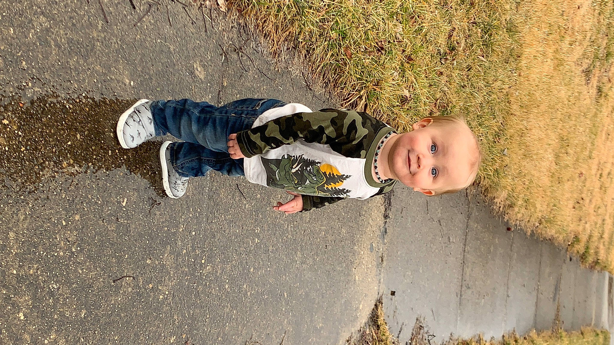 Liam joined the competition — help win amazing prizes! asphalt, baby, baby_toddler_clothing, child, fun, grass, happy, joy, landscape, leaf, people_in_nature, person, plant, road_surface, sand, shadow, sitting, smile, soil, toddler