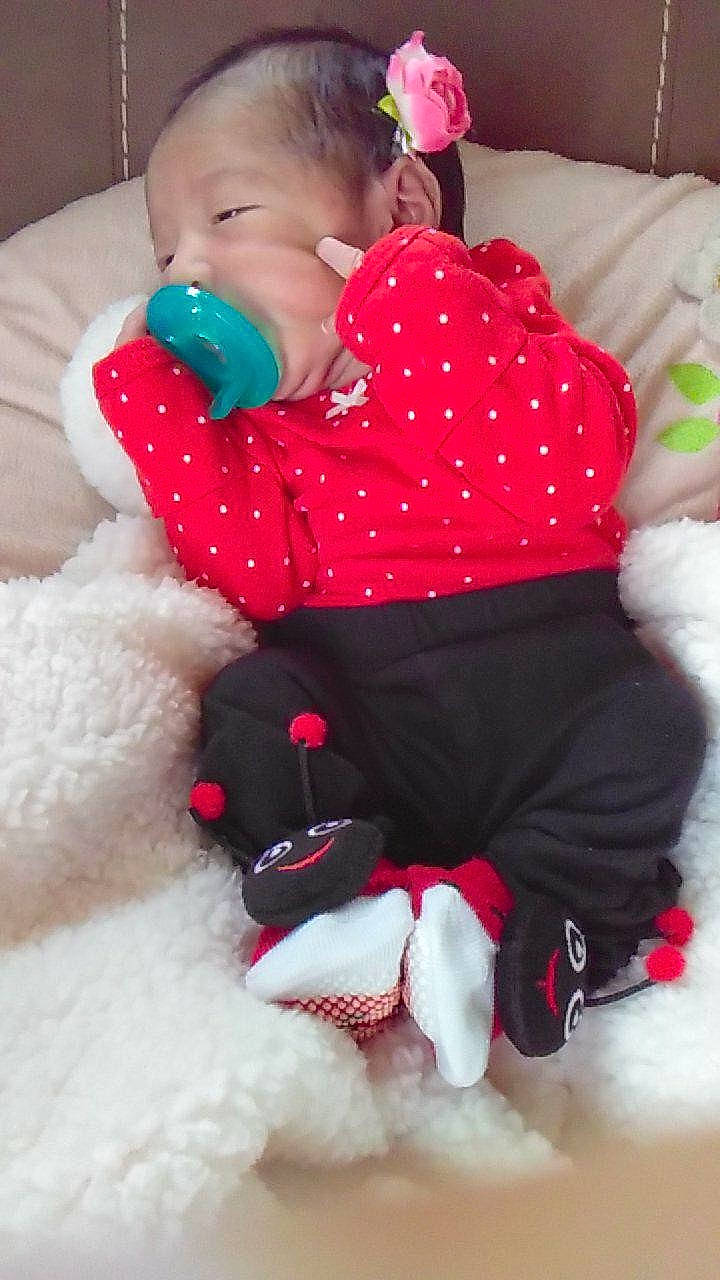 Angelica is registered to the contest to win money with this photo: baby_products, child, day, design, girl, infant, outerwear, pattern, play, product, red, skin, textile, toddler