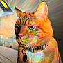 Kitty is registered to the contest to win money with this photo: cat, orange_cat, tabby, feline, pet, collar, tag, portrait, close_up, whiskers, ears, green_eyes, rainbow_light, prism, colorful, fur, indoor, bedroom, sunlight, cute