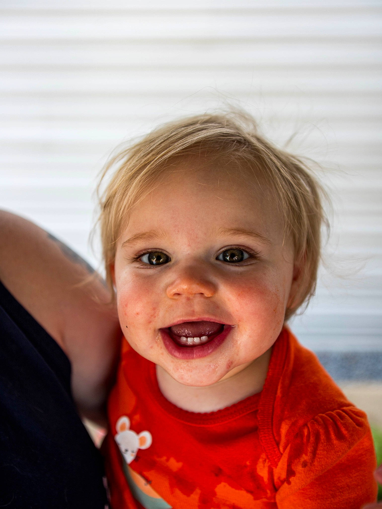 Kristina joined the competition — help win amazing prizes! baby, baby_toddler_clothing, blond, cheek, clothing, eye, eyebrow, eyelash, fun, gesture, happy, iris, lip, mouth, nose, person, skin, sleeve, smile, toddler