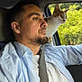 man, cat, car, driving, shoulder, orange_cat, white_cat, window, seatbelt, shirt, beard, side_profile, nature, tree, daylight, interior, portrait, animal, pet, curious