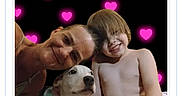 Ghost joined the competition — help win amazing prizes! woman, child, dog, selfie, smiling, heart_background, pink_hearts, indoor, portrait, happy, family, competition_entry, smartphone_screen, casual, closeup, love, affection, cute_pet, human, joy