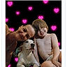 affection, casual, child, closeup, competition_entry, cute_pet, dog, family, happy, heart_background, human, indoor, joy, love, pink_hearts, portrait, selfie, smartphone_screen, smiling, woman