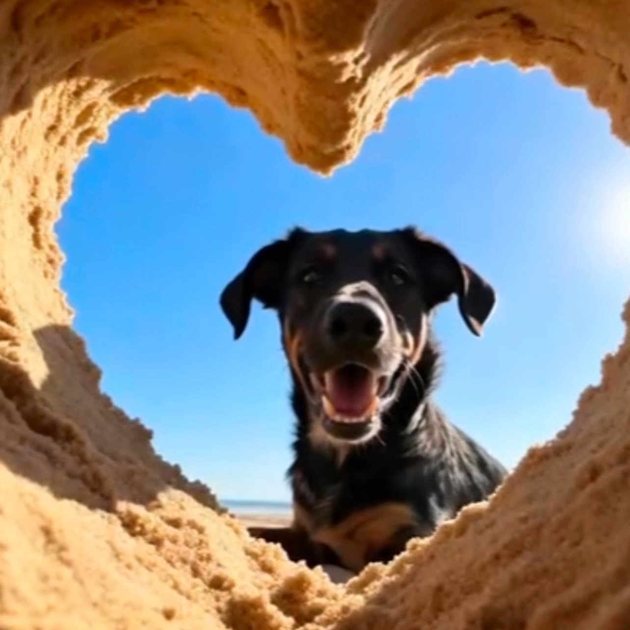 Nala participe au concours pour gagner de l'argent avec cette photo : dog, sand, heart_shape, beach, sky, outdoor, sunlight, happy, animal, nature, playful, pet, summer, daytime, smiling, closeup, portrait, brown, black, cute