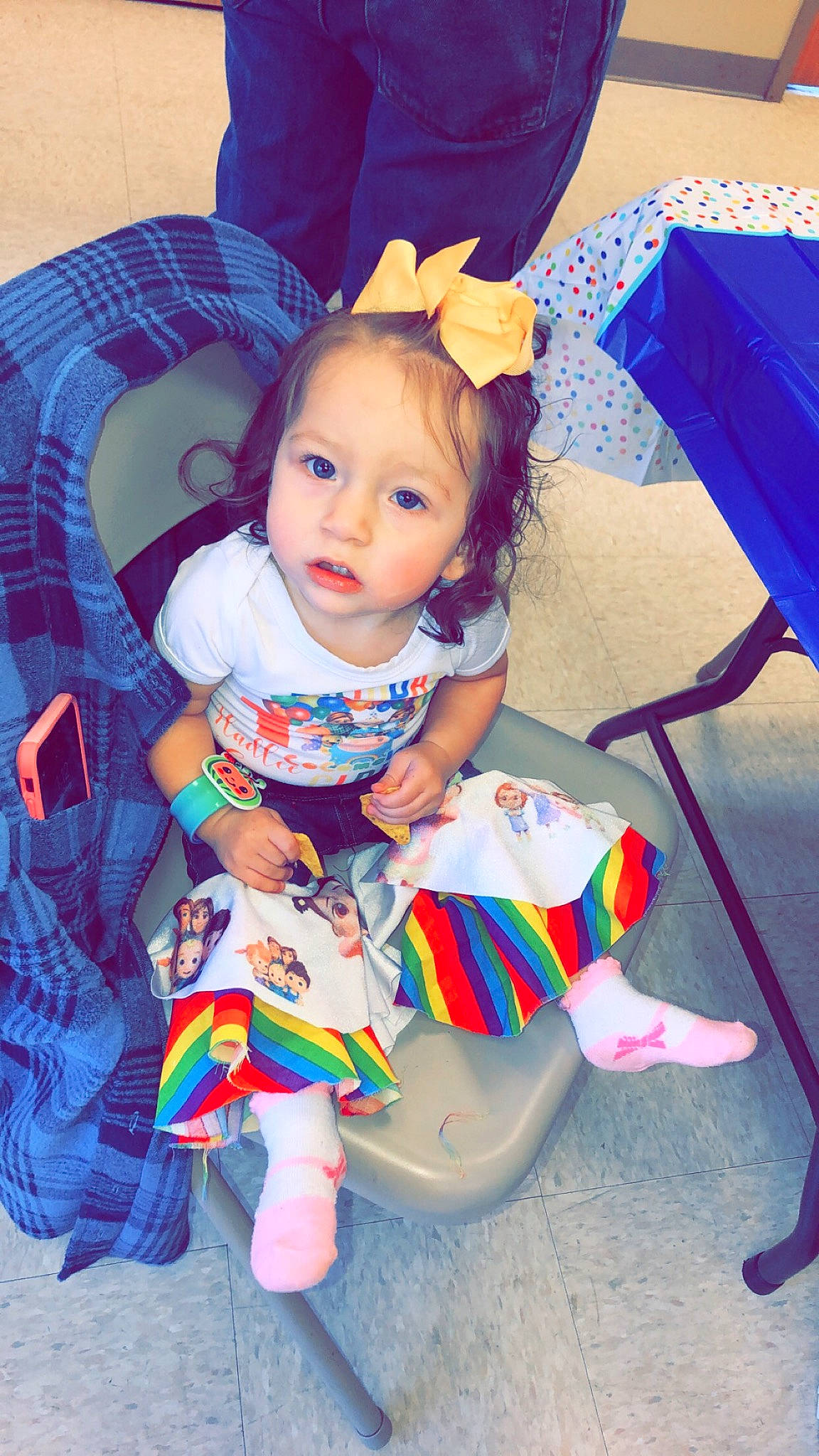 Hadlee is registered to the contest to win money with this photo: baby, baby_products, baby_toddler_clothing, blue, child, electric_blue, fashion_accessory, fun, happy, head, magenta, pattern, person, pink, play, purple, sitting, skin, sleeve, toddler