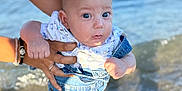 Louka participe au concours pour gagner de l'argent avec cette photo : baby, child, infant, person, hand, water, beach, ocean, denim, overalls, shirt, blue_eyes, holding, summer, outdoor, cute, small, expression, feet, waves