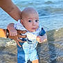 baby, child, infant, person, hand, water, beach, ocean, denim, overalls, shirt, blue_eyes, holding, summer, outdoor, cute, small, expression, feet, waves