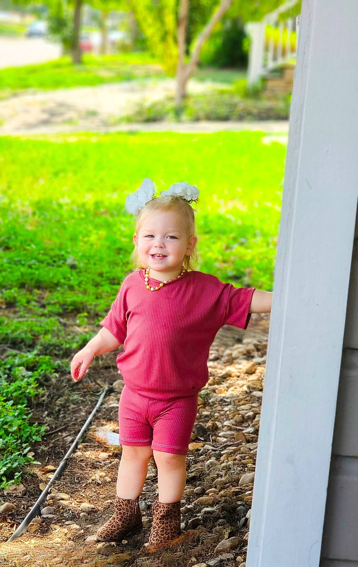 Gracelyn joined the competition — help win amazing prizes! baby, baby_toddler_clothing, child, clothing, fun, garden, grass, happy, joy, leaf, leisure, magenta, people_in_nature, person, pink, plant, recreation, sleeve, smile, standing