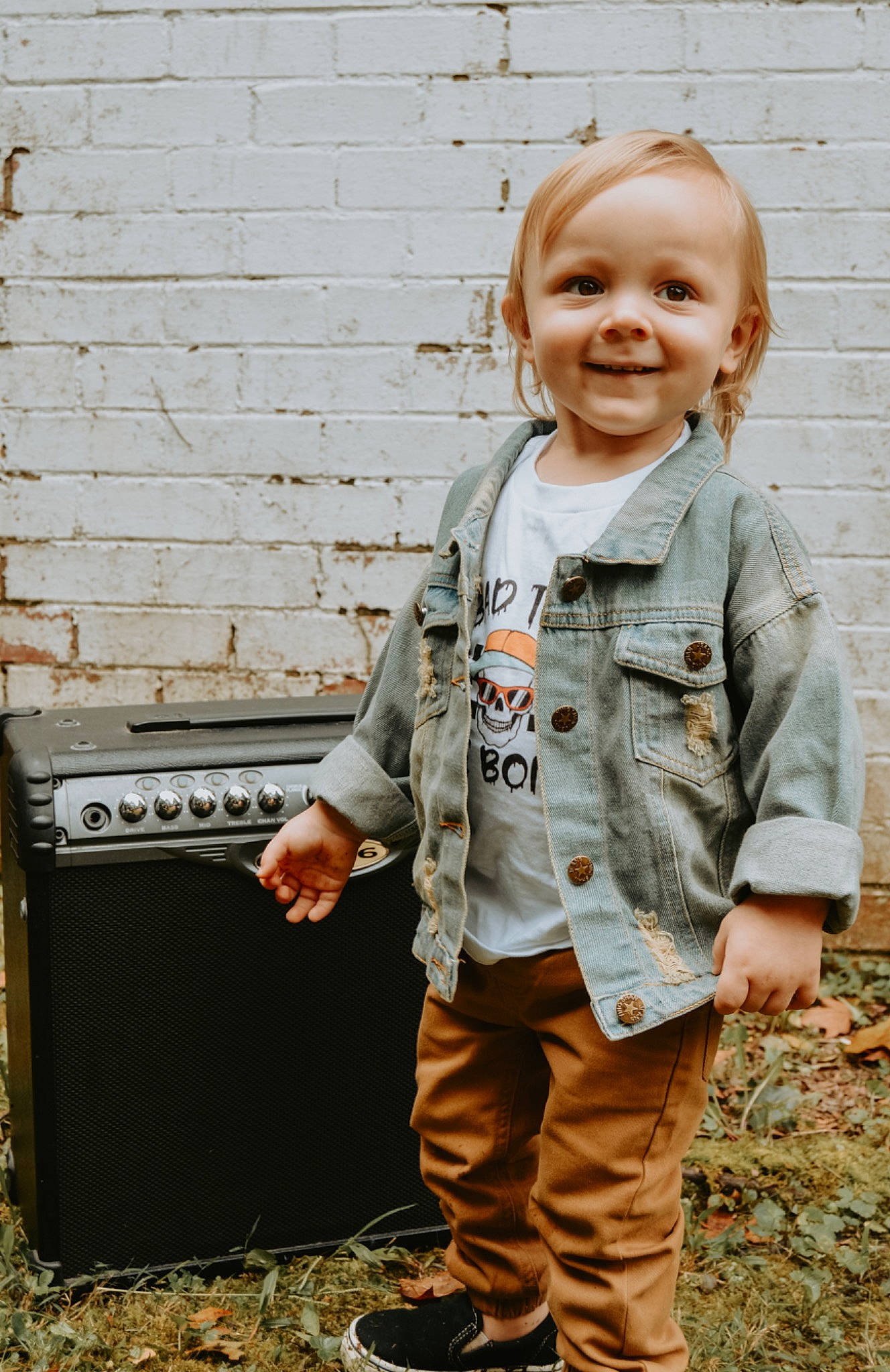 Raylan joined the competition — help win amazing prizes! baby, baby_toddler_clothing, child, cooking, denim, face, gas, grass, happy, home_appliance, joy, military_camouflage, pattern, people_in_nature, person, sleeve, smile, soil, standing, t_shirt