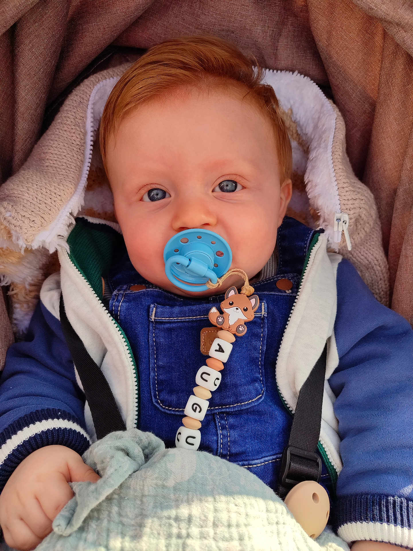 Auguste a rejoint le concours — aidez-le/la à gagner de superbes lots ! baby, infant, child, blue_eyes, pacifier, pacifier_clip, fox_toy, denim_overall, jacket, blanket, hood, stroller, seatbelt, hand, red_hair, skin, portrait, closeup, cozy, cute