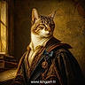 Poupinette participe au concours pour gagner de l'argent avec cette photo : cat, tabby_cat, animal, portrait, costume, historical_costume, aristocrat, royalty, medal, bow, velvet, robe, collar, whiskers, ears, books, indoor, warm_lighting, painting_style, text_overlay