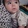 baby, child, infant, portrait, face, wide_eyes, looking_at_camera, indoor, seated, overalls, shirt, clothing, leopard_print, cushion, blanket, bed, brown_hair, dark_hair, close_up, cozy