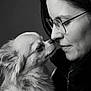 affection, animal, black_and_white, close_up, cute, dog, expression, face, friendship, fur, glasses, human, intimate, love, nose_to_nose, pet, portrait, studio, warmth, woman