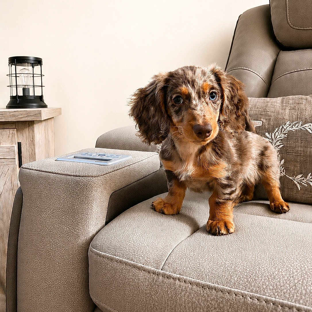 Milo joined the competition — help win amazing prizes! dog, puppy, dachshund, couch, living_room, furniture, pet, cute, brown, beige, pillow, wooden_table, lantern, indoor, small_dog, fur, animal, domestic_animal, curious, cozy