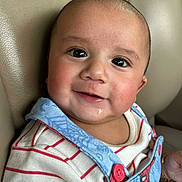 Jorge joined the competition — help win amazing prizes! baby, child, smiling, face, drool, clothing, striped_shirt, overalls, red_buttons, blue_overalls, leather_seat, closeup, portrait, cute, happy, infant, person, skin, head, eyes