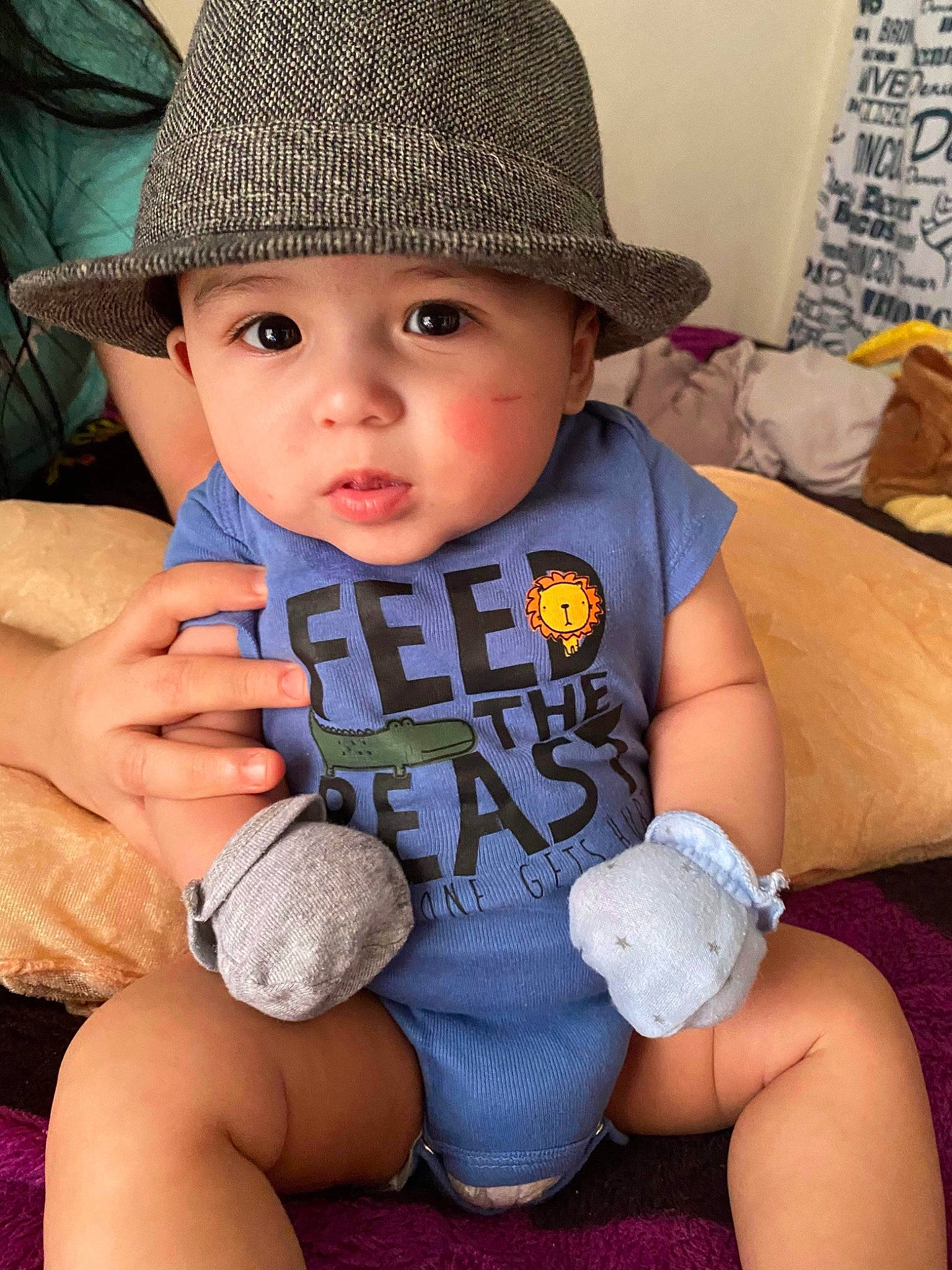 Jesus joined the competition — help win amazing prizes! baby, baby_toddler_clothing, cap, child, cool, electric_blue, fedora, hairstyle, happy, hat, headgear, headwear, human_leg, lap, nail, person, skin, sun_hat, t_shirt, thigh