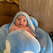 Luke Conrad Witte joined the competition — help win amazing prizes! baby, blanket, blue, couch, cute, face, furniture, hood, indoors, infant, pattern, person, plush, portrait, seat, striped, toddler, toy, warm, wrapped
