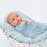baby, infant, swaddle, blue_blanket, wicker_basket, portrait, newborn, cute, sleepy, soft_texture, peaceful, child, resting, wrapped, cozy, studio_photo, white_background, small_hands, face, eyes