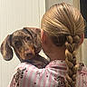 Spritz participe au concours pour gagner de l'argent avec cette photo : animal, back_view, braided_hair, companion, cozy, curious, cute, dachshund, dog, domestic_animal, holding, indoor, light_brown_hair, pajamas, patterned_clothing, person, pet, portrait, striped_clothing, warm_lighting