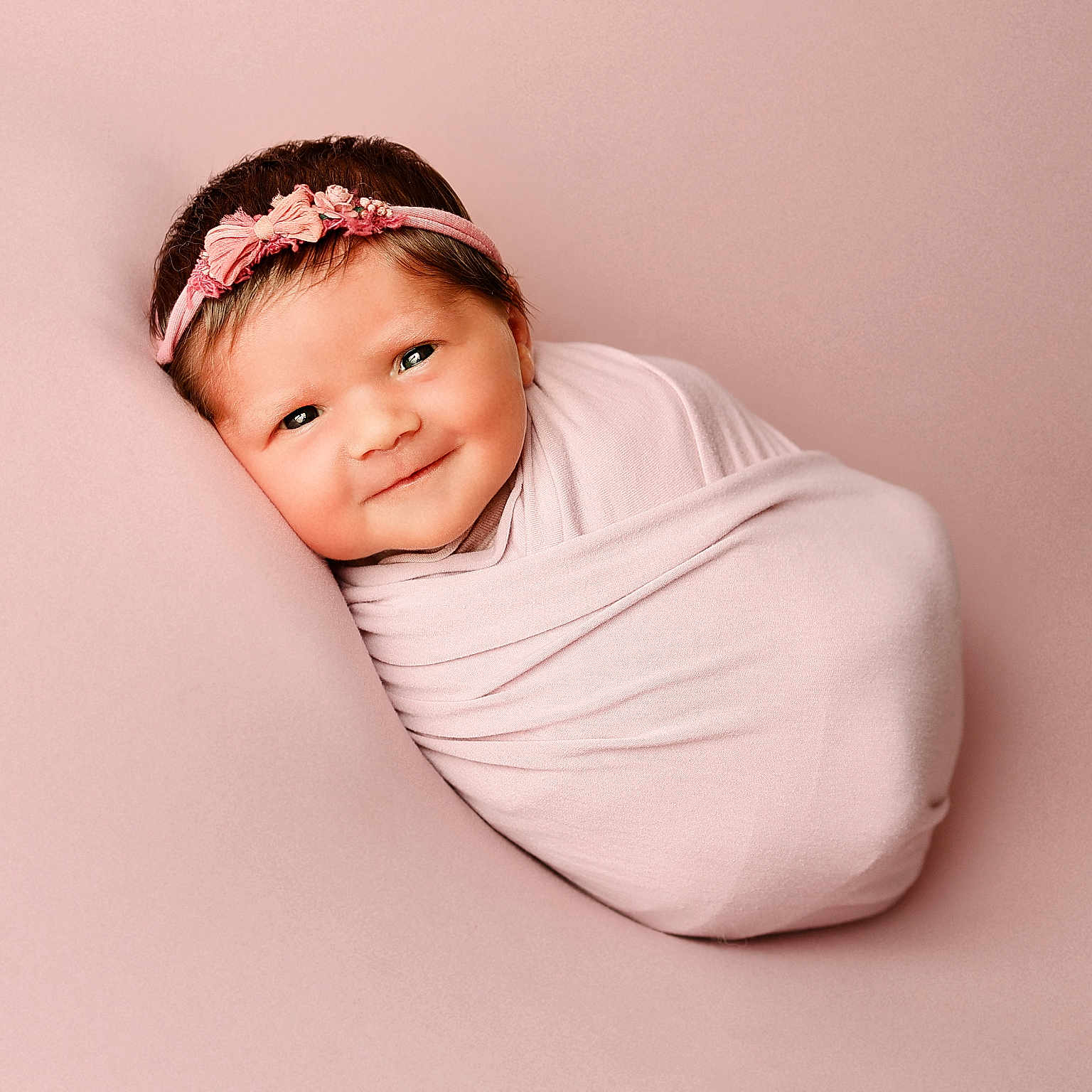 Amara joined the competition — help win amazing prizes! adorable, baby, background, child, closeup, cute, expression, face, headband, infant, newborn, peaceful, pink, portrait, resting, skin, smiling, soft, studio, wrapped