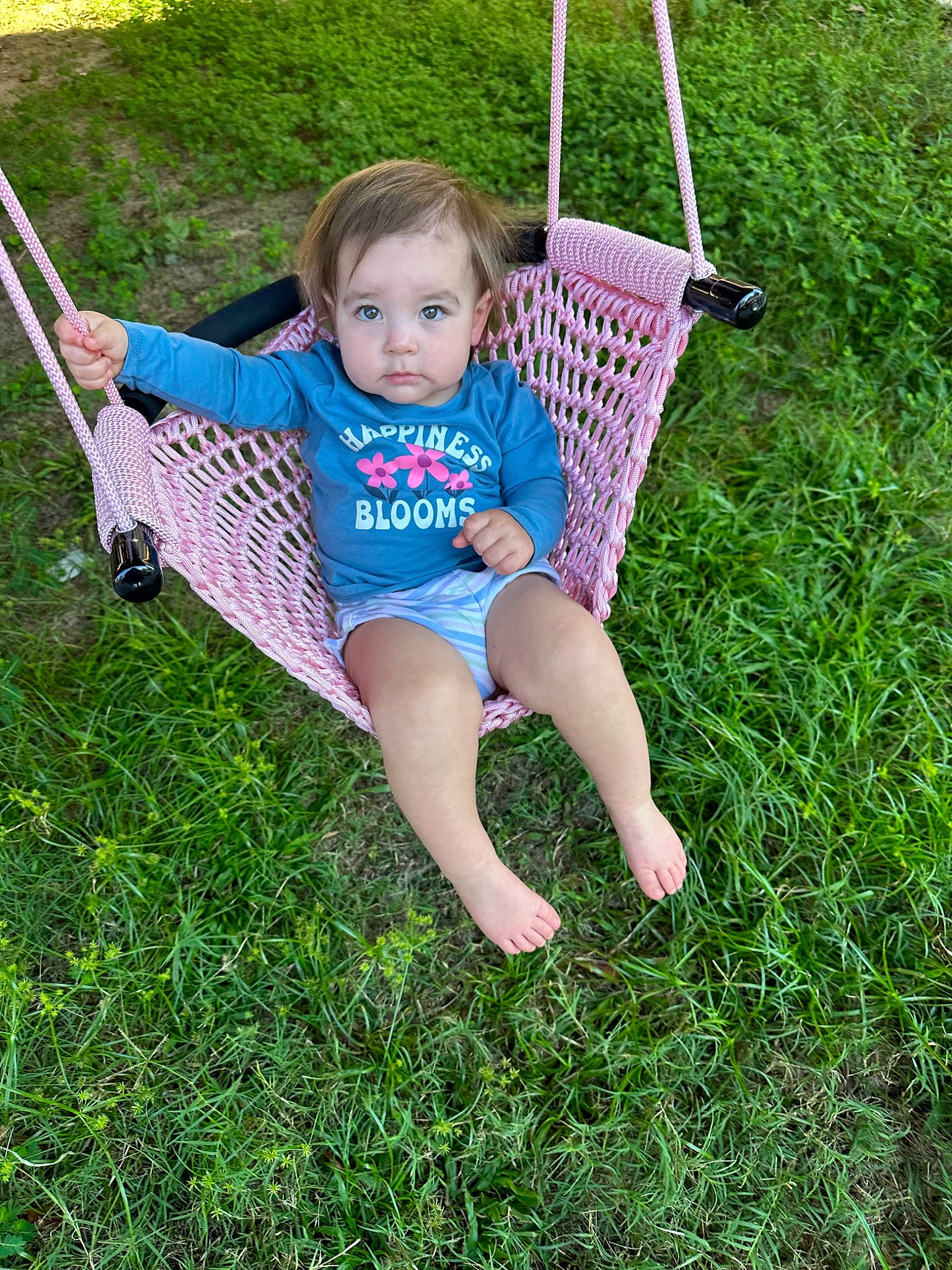 Sydney is registered to the contest to win money with this photo: baby, baby_toddler_clothing, barefoot, electric_blue, foot, fun, grass, grass_family, grassland, happy, lawn, leisure, people_in_nature, person, plant, recreation, shorts, sitting, summer, swing